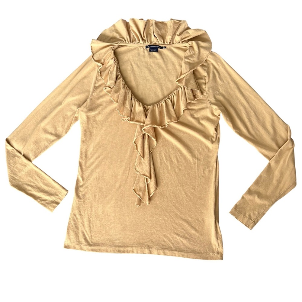 Ralph Lauren Sport Tan Pima Cotton Blend Ruffle Long Sleeves Shirt XL Old Money